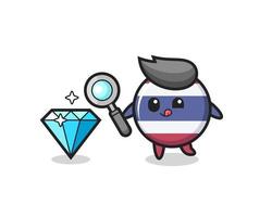 mascote do emblema da bandeira da Tailândia está verificando a autenticidade de um diamante vetor