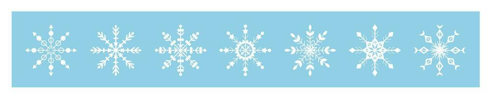 coleção do ícones do diferente flocos de neve. flocos de neve estão branco em uma azul fundo. inverno símbolo. vetor