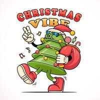 Natal árvore desenho animado mascote carrega uma saco do presentes, adequado para logotipos, mascotes, Camisetas, adesivos e cartazes vetor