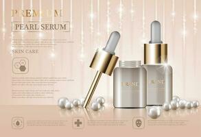 hidratante facial sérum para anual venda ou festival oferta. branco pérola e ouro creme mascarar garrafa isolado em dourado luz fundo. gracioso Cosmético Publicidades, ilustração. vetor