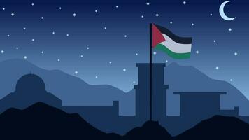 Palestina panorama vetor ilustração. silhueta do al aqsa mesquita às noite com Palestina bandeira. panorama ilustração do Palestina para fundo ou papel de parede
