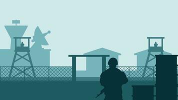 militares base panorama vetor ilustração. silhueta do soldado às militares base com torre de vigia e quartel. militares panorama para fundo, papel de parede ou aterrissagem página