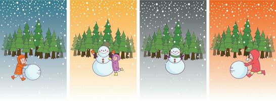Natal e inverno dia bandeira, pinho floresta paisagem, neve, boneco de neve, bolas de neve e crianças jogando, inverno feriado. papel ilustração vetor