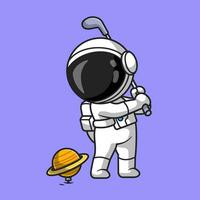 fofa astronauta jogando golfe planeta desenho animado vetor ícone ilustração. esporte Ciência ícone conceito isolado Prêmio vetor. plano desenho animado estilo