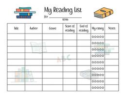 lendo Lista modelo. livros para ler planilha para crianças. vetor em branco página com fofa rabisco Projeto. nos carta papel Tamanho