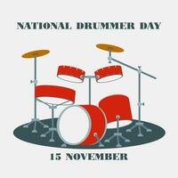 nacional baterista dia. música drumm plano vetor ilustração. percussão, música instrumento. cumprimento cartão, social meios de comunicação publicar, bandeira com texto. desenho animado modelo para folheto, poster. Projeto elemento