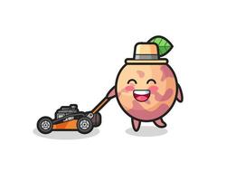 ilustração do personagem de fruta pluot usando cortador de grama vetor