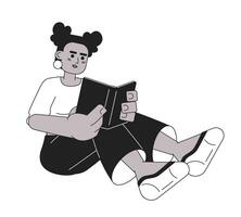 africano americano menina lendo livro Preto e branco 2d desenho animado personagem. Preto jovem mulher sentado com livro isolado vetor esboço pessoa. leitor ávido fêmea monocromático plano local ilustração