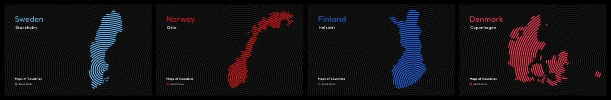 criativo mapas do escandinavo países. Suécia, Noruega, Finlândia, Dinamarca. mundo países vetor mapas Series. espiral impressão digital Series