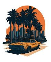 retro carro em a fundo do a cidade camiseta Projeto vetor ilustração