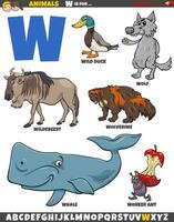 desenho animado animal personagens para carta W educacional conjunto vetor