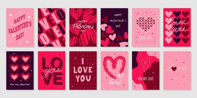 grande conjunto de cartões de dia dos namorados. coração de desenho animado na moda desenhado à mão, letras de amor. ilustração vetorial vetor