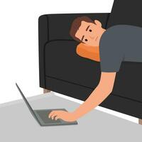 Exausta homem trabalhando a partir de casa deitado em uma sofá com o negócio ferramentas, eletrônico dispositivos. vetor