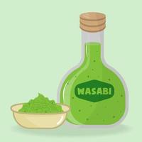 molho de wasabi em tigela e garrafa vetor