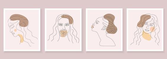 cartazes abstratos com rostos de mulheres em estilo boho de contorno contemporâneo. vetor