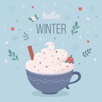 Olá inverno. xícara de café com creme e canela. bebida quente de natal. vetor