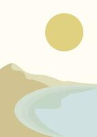 beira-mar e dunas panorama ilustração impresso poster. minimalista vetor desenho animado lago e montanhas