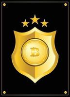 Crachá de criptomoeda bitcoin com escudo dourado e estrelas vetor
