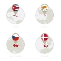 Cuba, Chipre, tcheco república, Dinamarca mapa e bandeira dentro círculo. vetor