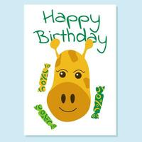 ilustração com girafa e doce. aniversário cartão com texto. rabisco e desenho animado estilo. vetor ilustração