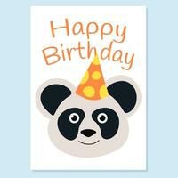 ilustração com uma panda dentro uma festivo chapéu. aniversário cumprimento cartão. rabisco estilo. vetor ilustração