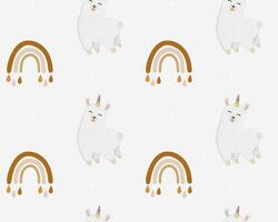 desatado padronizar com alpaca, estrelas e arco-íris. desenho animado Projeto animal personagem plano vetor estilo. bebê textura para tecido, invólucro, têxtil, papel de parede, roupas.