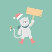 alegre Natal e feliz Novo ano com fofa gato segurando em branco placa dentro a inverno estação verde fundo, plano vetor ilustração desenho animado personagem traje Projeto