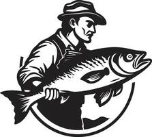 pescador logotipo com mascote Diversão e noivado pescador logotipo com esboço simples e elegante vetor