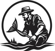 pescador logotipo com internet trabalho em equipe e camaradagem pescador logotipo com barco liberdade e exploração vetor