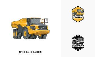 articulado caminhões pesado equipamento ilustração, articulado caminhões pesado equipamento logotipo crachá modelo vetor