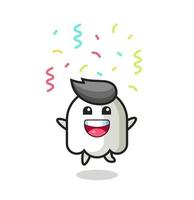 mascote fantasma feliz pulando para parabéns com confete colorido vetor