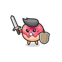 soldado donut fofo lutando com espada e escudo vetor