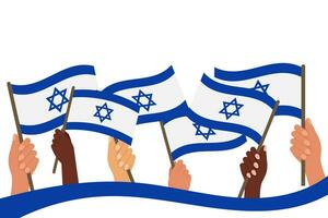 muitos mãos do diferente raças com israelense bandeiras. Israel independência dia. ilustração, vetor