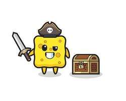 o personagem do pirata esponja segurando uma espada ao lado de uma caixa de tesouro vetor