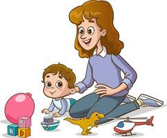 mãe e filho jogando com brinquedos. vetor ilustração do uma mãe e filho jogando com brinquedos.