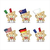 biscoitos neve desenho animado personagem trazer a bandeiras do vários países vetor