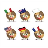 doce biscoitos desenho animado personagem trazer a bandeiras do vários países vetor