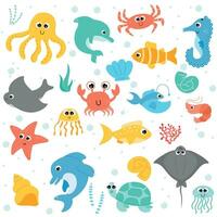 conjunto com submarino animais. mão desenhado vetor mar vida coleção. baleia, golfinho, concha, estrela do Mar, caranguejo, medusa, arraia