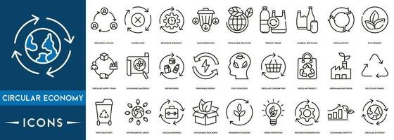 circular economia ícone pacote. vetor ilustração. sustentável o negócio modelo. esquema do produtos vida ciclo a partir de cru material para Produção, usando, reciclando em vez de do desperdício.