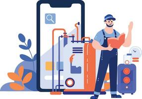 mão desenhado engenheiro ou reparador personagem com Smartphone dentro conectados reparar conceito dentro plano estilo vetor