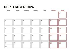 parede planejador para setembro 2024 dentro Inglês linguagem, semana começa dentro segunda-feira. vetor