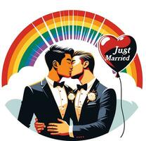 lgbt casamento ilustrando dois homens dentro ternos segurando mãos e se beijando com uma arco Iris fundo e a palavras somente casado dentro uma coração em forma balão vetor imagem