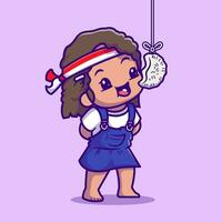 fofa menina comendo Kerupuk dentro indonésio independência dia desenho animado vetor ícone ilustração. pessoas feriado ícone conceito isolado Prêmio vetor. plano desenho animado estilo