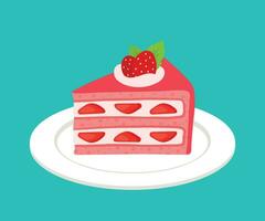 morango bolo dentro branco prato fofa desenho animado padaria pastelaria vetor ilustração