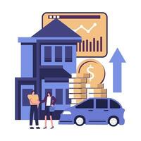 investir dinheiro dentro casa e comprando uma esporte carro plano estilo ilustração vetor