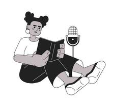 africano americano mulher lendo livro em microfone Preto e branco 2d desenho animado personagem. Preto menina áudio-livro narração isolado vetor esboço pessoa. gravação monocromático plano local ilustração