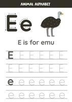 rastreamento alfabeto cartas para crianças. animal alfabeto. e é para emu. vetor