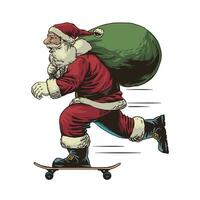 santa claus equitação skate levar grande saco do presente dentro vintage mão desenhado estilo vetor