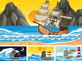 cenas do oceano com navio pirata em estilo cartoon vetor