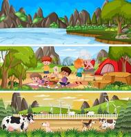 diferentes cenas de paisagens naturais com personagem de desenho animado vetor